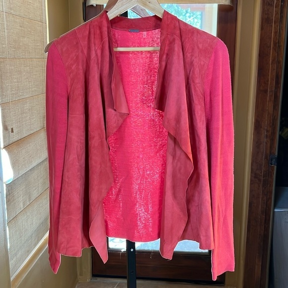 Elie Tahari Coral Lamb Suede Cotton Silk Blend Open Waterfall Jacket Size Medium - Picture 2 of 10